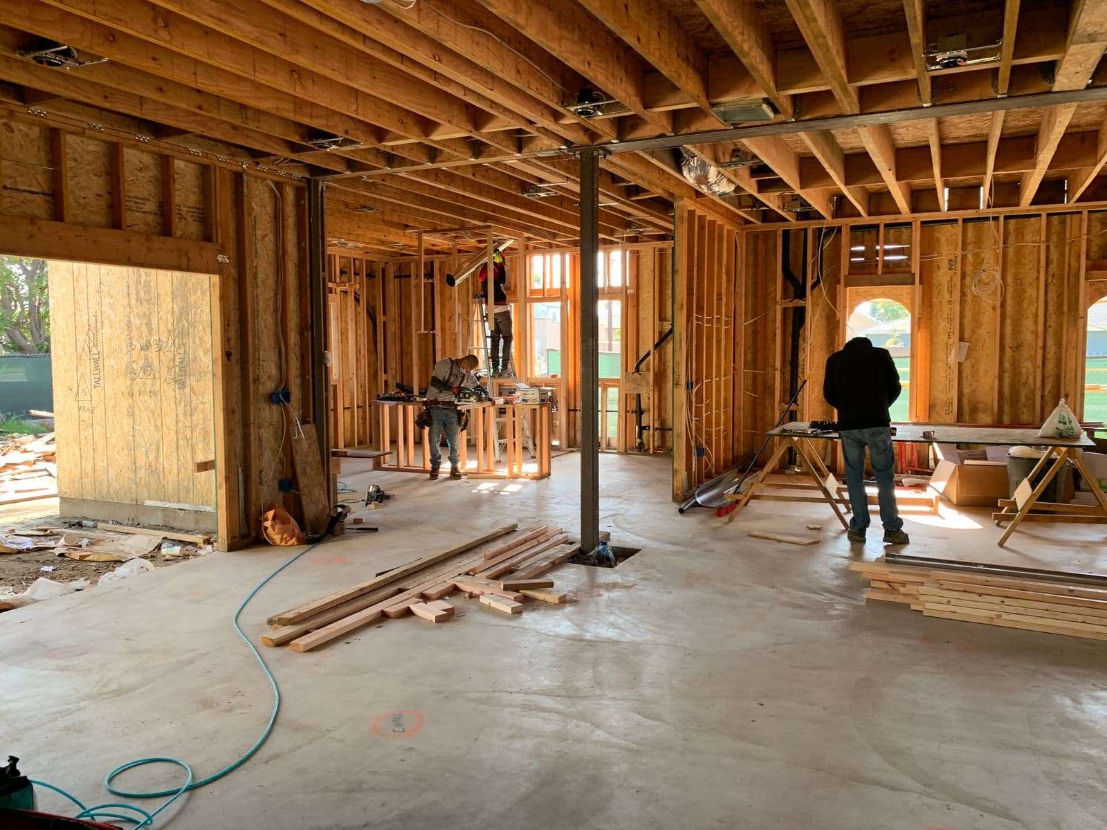 New construction interior with exposed timber framing