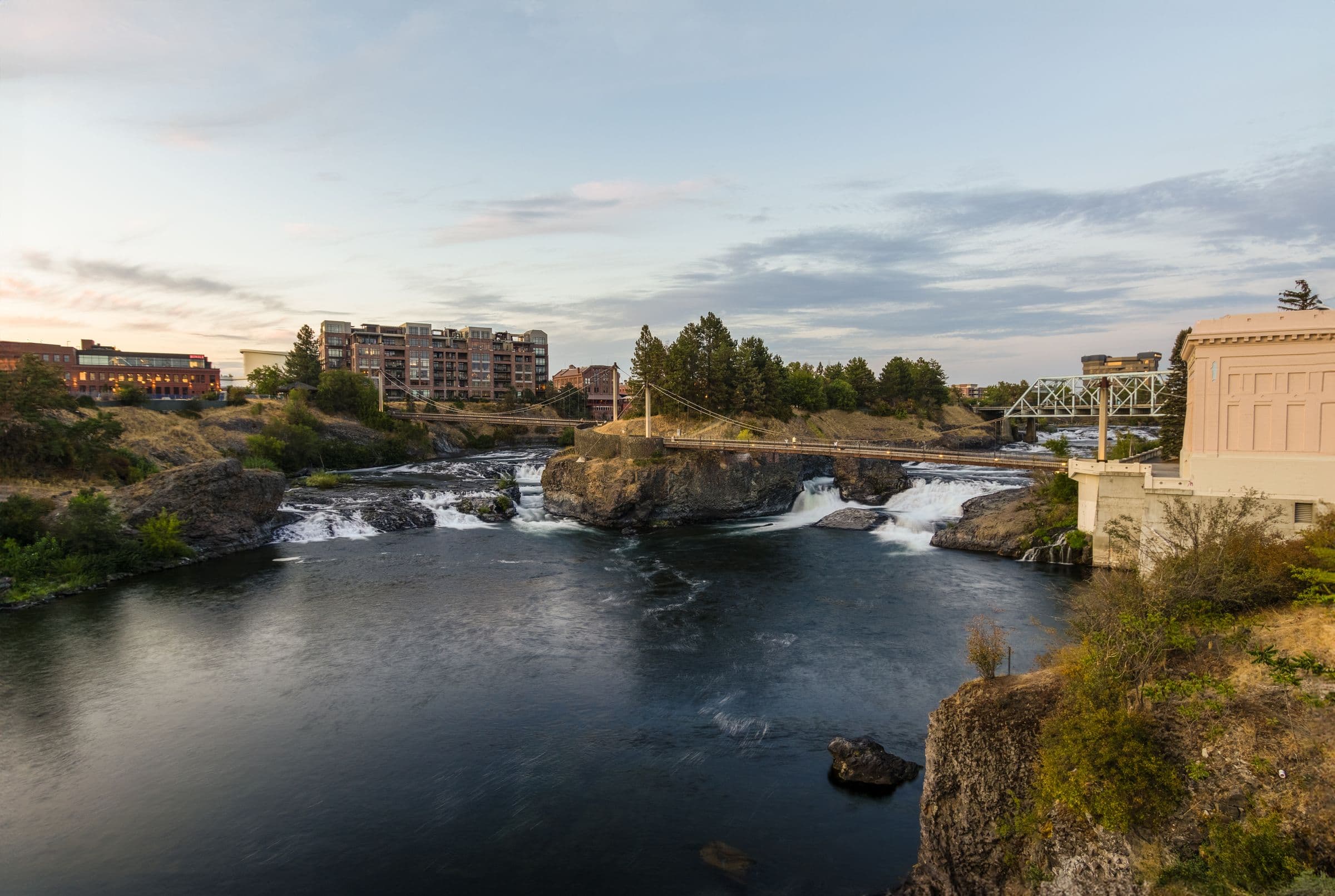 The Spokane river gorge and downtown Spokane at dusk