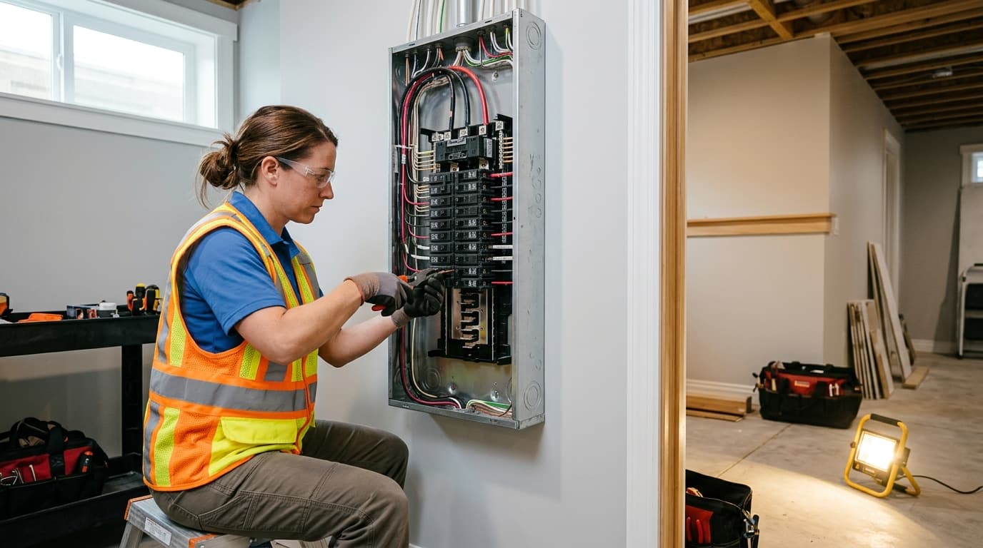A licensed electrician performing an electrical panel upgrade in a residential basement.