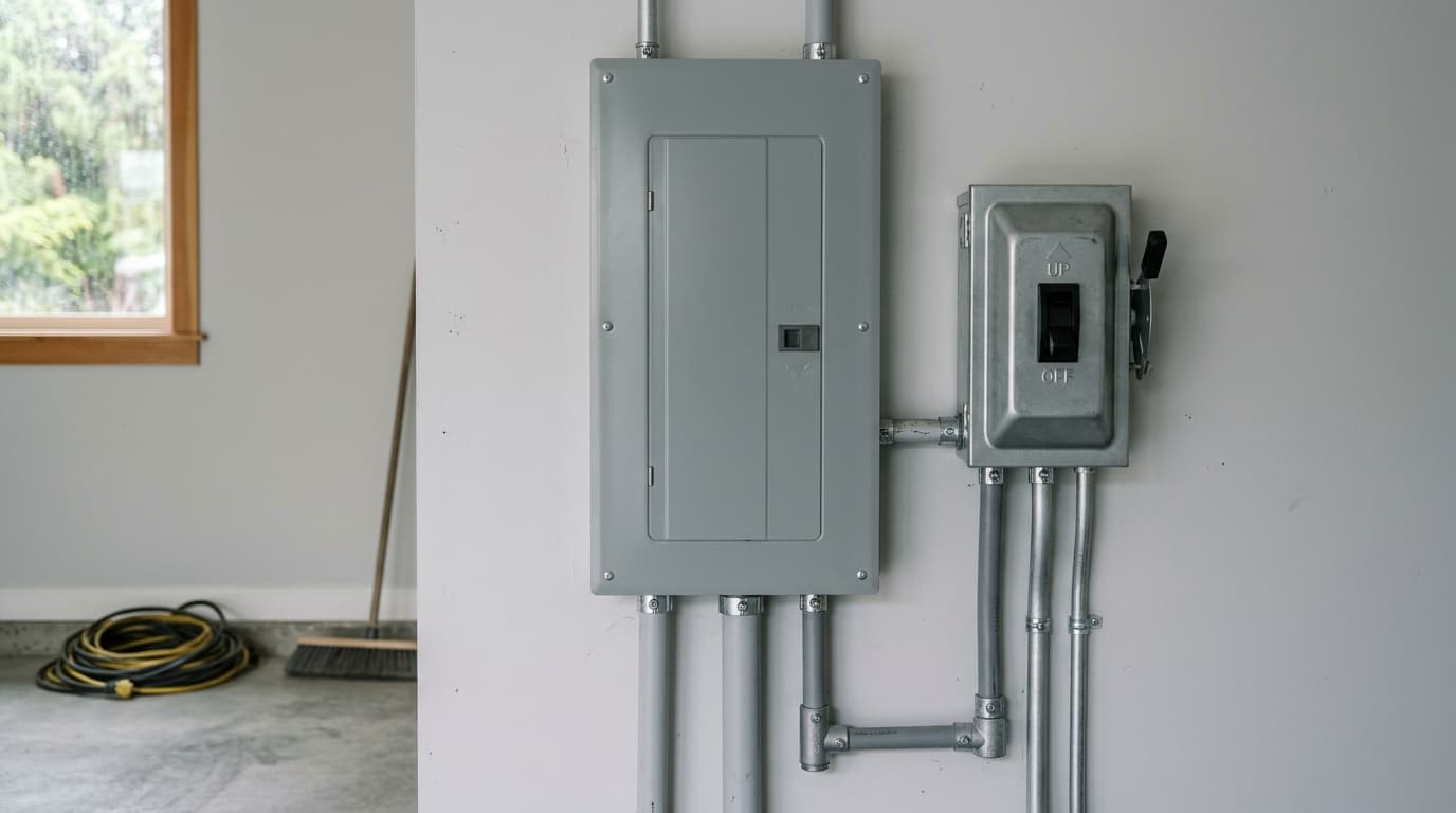 A modern electrical panel and transfer switch installed to show how to prepare for a power outage.
