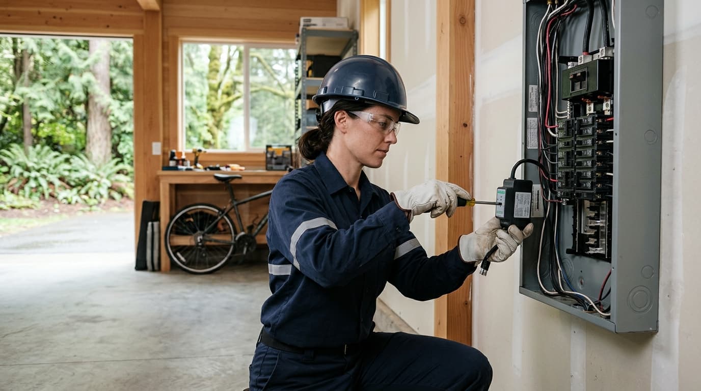 A licensed electrician safely installing a whole house surge protector at a residential electrical panel.