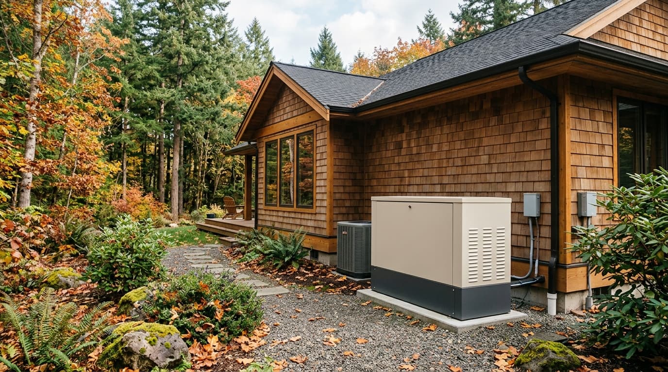 A modern whole house generator installed outside a residential home in the Pacific Northwest.